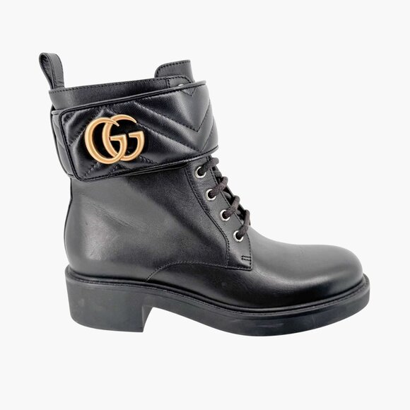 Gucci Marmont GG Combat Boot Size 37 US 7 Black Lace Up Quilted Ankle Biker Logo - Picture 9 of 14